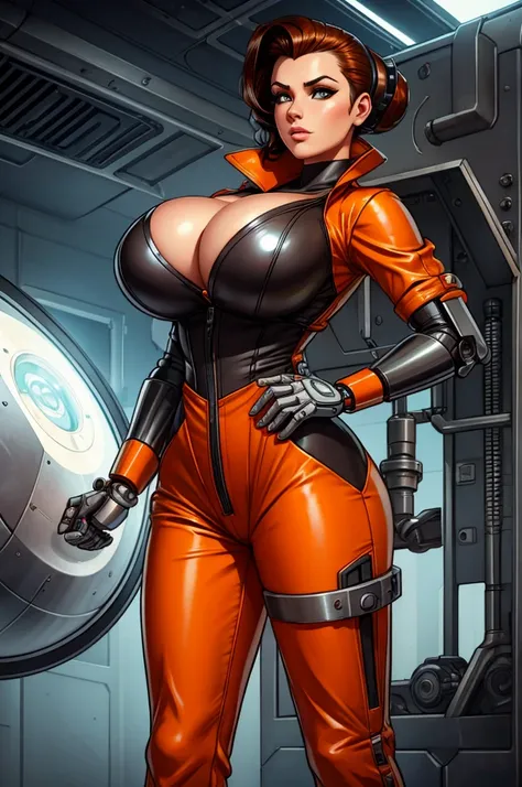 gorgeous female mechanic, atompunk, blank background, retro-futurism, mechanical hand, cybernetic augments, orange jumpsuit, gunmetal grey, cleavage