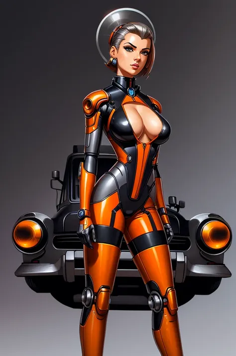 gorgeous female mechanic, atompunk, blank background, retro-futurism, mechanical hand, cybernetic augments, orange jumpsuit, gunmetal grey, cleavage
