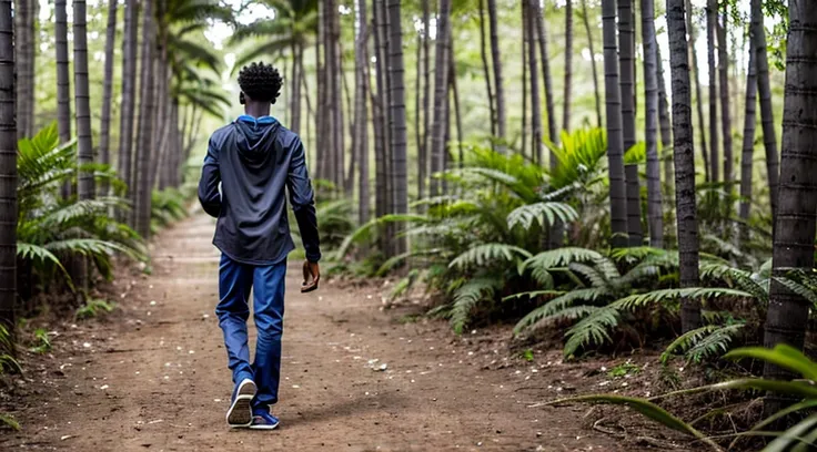 image of a black male teenager, 12 years old - wearing a dark gray long-sleeved shirt = no pattern - short curly hair - long pants and straw sandals, - running with his back to the camera - alone in the forest - a Blue morpho butterfly - vbamboo forest