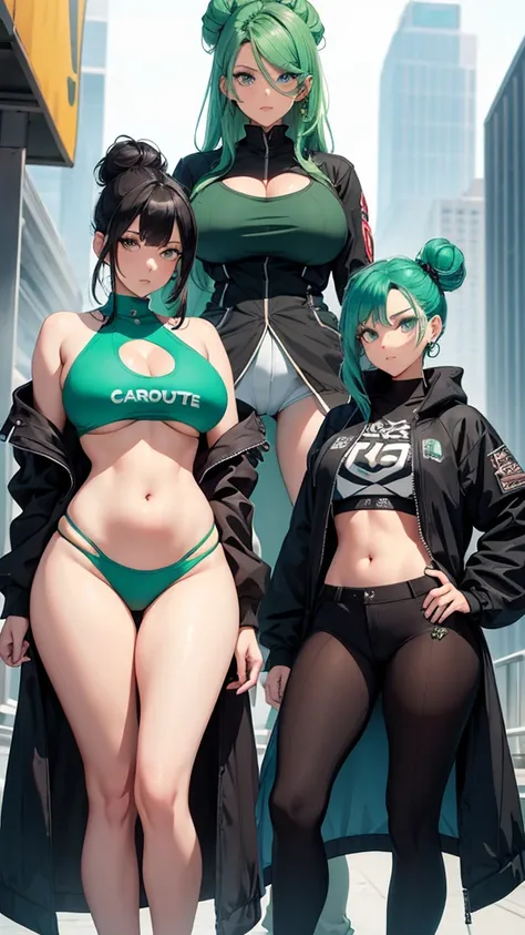 Young female, giantess (15ft 6in height), curvy body, DDD size breasts, dark green hair in two high buns, light blue eyes with designs, beautiful, vertical labret piercing, wearing comfortable simple style clothes. Standing next to Charlotte Katakuri.