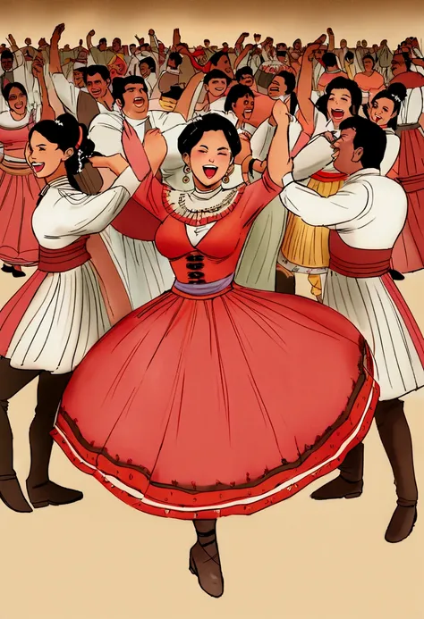 there are many people dancing in a square with a crowd of people, people dancing in background, people dancing, crowd of cool people dancing, dancing people, folklorico, mexico, salsa social dance, by Gina Pellón, by Ceferí Olivé, by Ingrida Kadaka, by Jua...