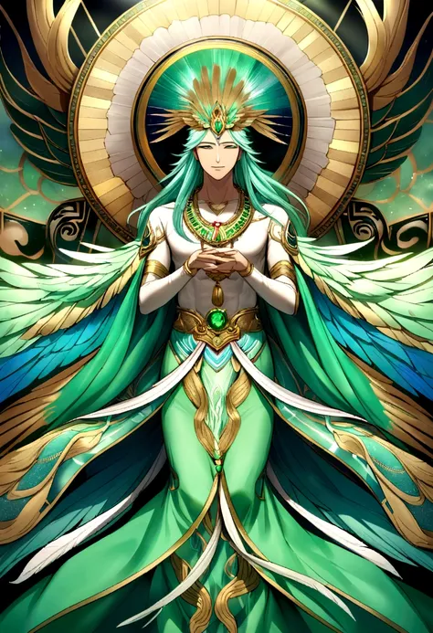 Kukulkan, the Feathered Serpent of Mesoamerican mythology, manifests in a regal and awe-inspiring form. Adorned in garments of vibrant feathers that shimmer with iridescent greens and blues, he embodies the divine essence of the wind and sky. His serpentin...