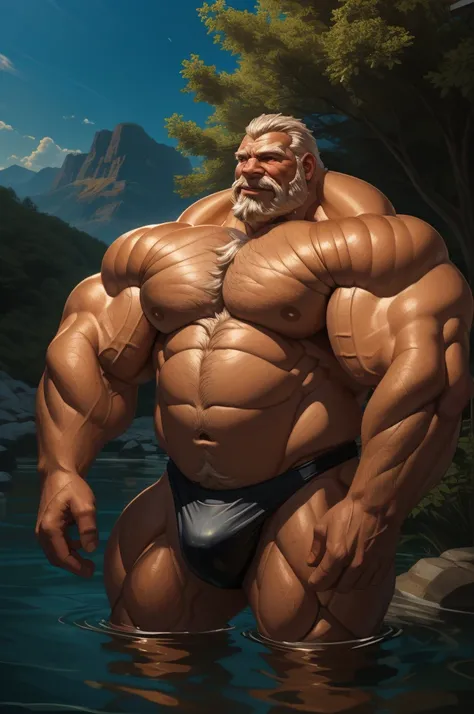 (best quality,4k,8k,highres,masterpiece:1.2),ultra-detailed,(realistic,photorealistic,photo-realistic:1.37),dramatic lighting,chiaroscuro,atmospheric,moody,cinematic. huge muscular old man in beach, white and short hair, white beard, old, old man, (chest h...