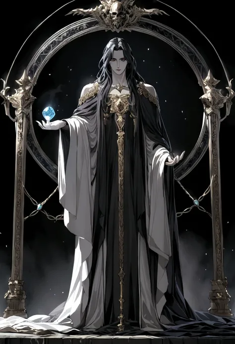 Hades, the enigmatic ruler of the Underworld in Greek mythology, appears as a figure of dark and brooding majesty. Clad in robes of deepest black, adorned with shimmering threads of silver that resemble the starry night sky, he commands a presence that is ...