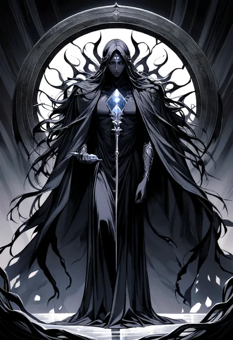 Hades, the enigmatic ruler of the Underworld in Greek mythology, appears as a figure of dark and brooding majesty. Clad in robes of deepest black, adorned with shimmering threads of silver that resemble the starry night sky, he commands a presence that is ...