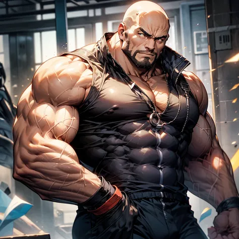 American Male、Big body、Very large body、Black、Bald、Very large muscles、Upper body naked、compressed face、Muscle Pose、Soft crotch