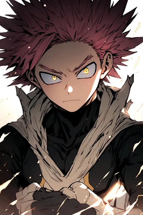 My hero academia, male, dark long pink spiky hair and yellow eyes, soft face