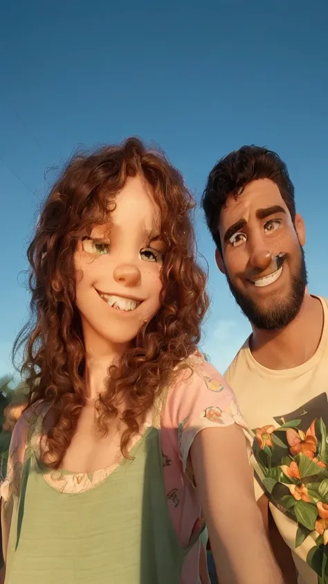 Create a Disney pixar style image.

### Detailed Description:

#### first-person (To the left):
- **body hair**: The first person has long, curly reddish-brown hair., almost redheads. Curls are well defined and voluminous, falling to his shoulders.
- **muk...