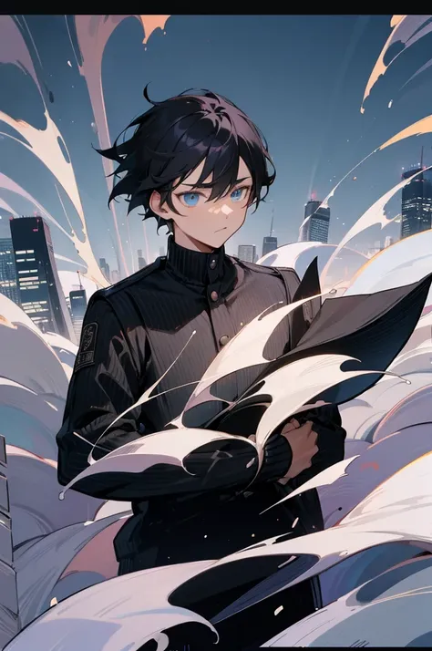 man, young man, man black hair, blue eyes, black sweater, photo in the city at night, anime portrait, night city view, extremely detail, book page flipping.