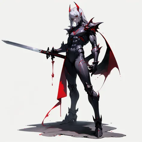 (Random Evolution, alien mixed Vampire), silver armor body, (carrying a long sword), full body version, (silver hands),  full red colour skins, (black eyes, his eyes are blind), (Grassroots), no background