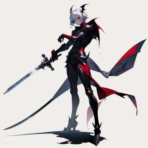 (Random Evolution, alien mixed Vampire), silver armor body, (carrying a long sword), full body version, (silver hands),  full red colour skins, (black eyes, his eyes are blind), (Grassroots), no background