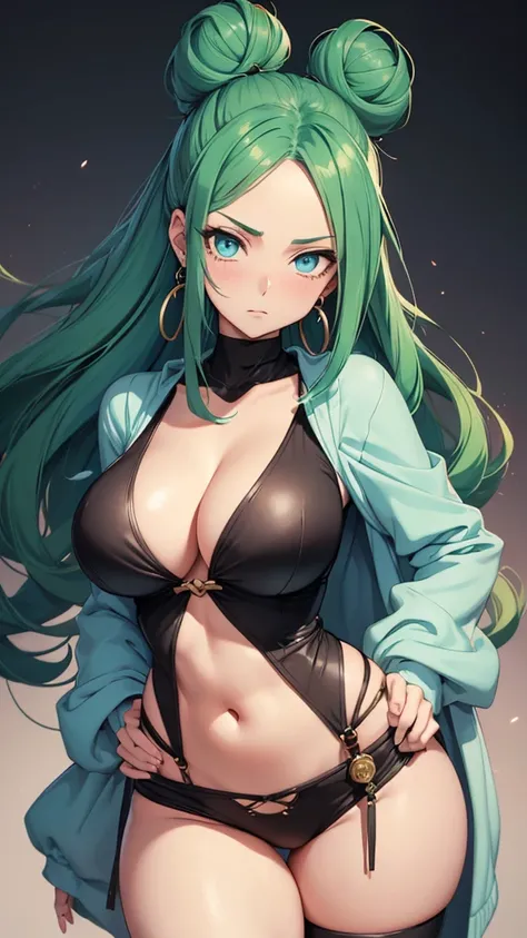 Young female, giantess (15ft 6in height), curvy body, DDD size breasts, dark green hair in two high buns, light blue eyes with designs, beautiful, vertical labret piercing, wearing comfortable simple style clothes. Standing next to Katakuri from the anime ...