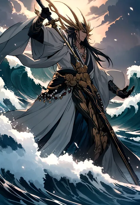 Susanoo, the tempestuous storm god of Japanese mythology, appears as a formidable and dynamic figure embodying the power of the raging sea and fierce winds. Clad in armor crafted from storm-cloud gray scales that glint with a metallic sheen, he exudes an a...