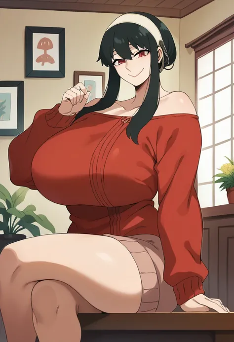 YorForger,1girl,black hair,red eyes,short hair with long locks, white hairband, off shoulder,red sweater, huge breasts, milf, warm smile, S2Z0n1c21.5XL style,
