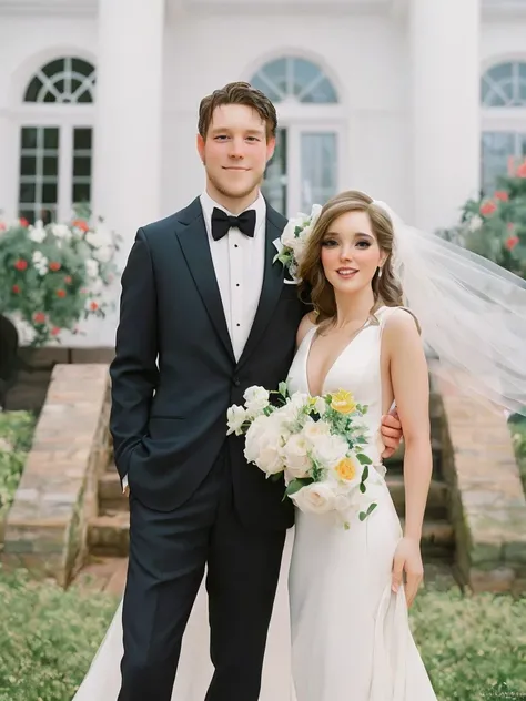 Disney pixar style bride and groom posing for a photo in front of a white house, bride and groom, white suit and black, an elegant couple, couple portrait, wearing a white tuxedo, couples portrait, wearing tuxedo