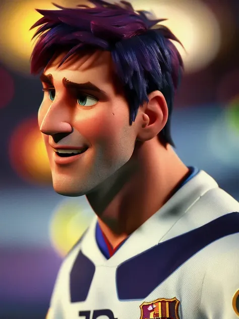 Lionel Messi, (pixar style) (masterpiece:1.2) (bokeh) (best quality) (detailed skin) (detailed texture) (8k) (claymation) (cinematic lighting) (sharp focus