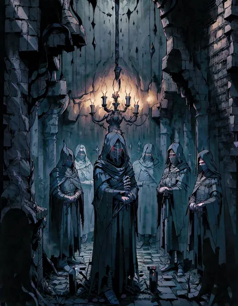 a group of people in robes standing in a dark room, dark robes, wearing dark robes, black robes, dark, nazgul, dark cinematic concept art, greek dark ritual myth, robed figures sat around a table, kramskoi 4 k, unholy gathering, photorealistic dark concept...