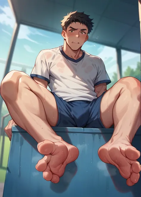 School sports boy showing smelly 
feet in public 