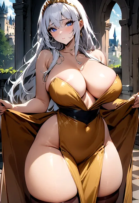 milf, 30 years old, (highres, masterpiece:1.2), white hair, robe, golden robe, (large breasts), thick thighs, standing, pelvic curtain, tiara, thighhighs, v-neck, strapless dress, blue eyes, expressionless, long hair, castle in background, balcony