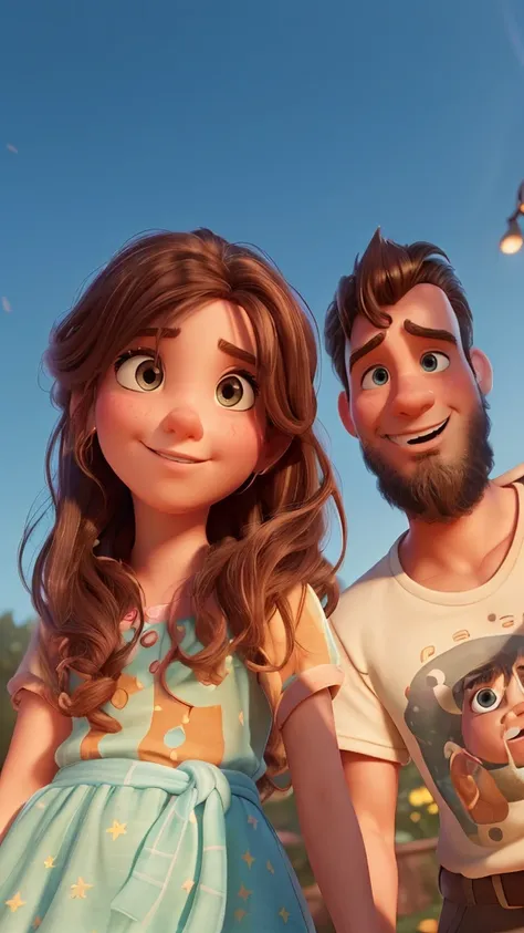 Create a Disney pixar style image.
### Additional Observations:
- **Environment and Lighting**: The photo was taken outdoors, probably at dusk, with direct sunlight that highlights the hair and faces of the two people, creating soft shadows and warm lighti...