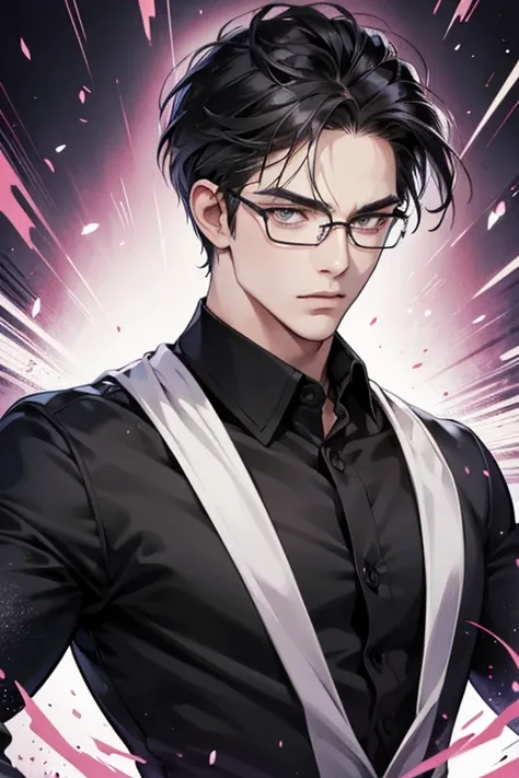 a 39 year old man, beautiful anime portrait, strong masculine face, sharp jawline, mesmerizing grey eyes, perfectly styled dark hair, cool anime outfit, confident expression, bright colors, dynamic lighting, black shirt, glasses on face