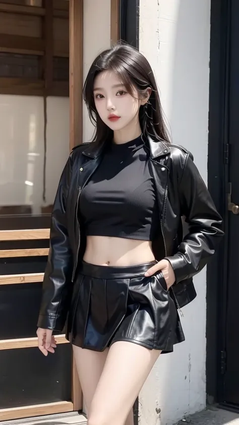 japanese girl wearing a black leather jacket, black short skirt, wearing sandals, has six pack abs, black hair, 8k style