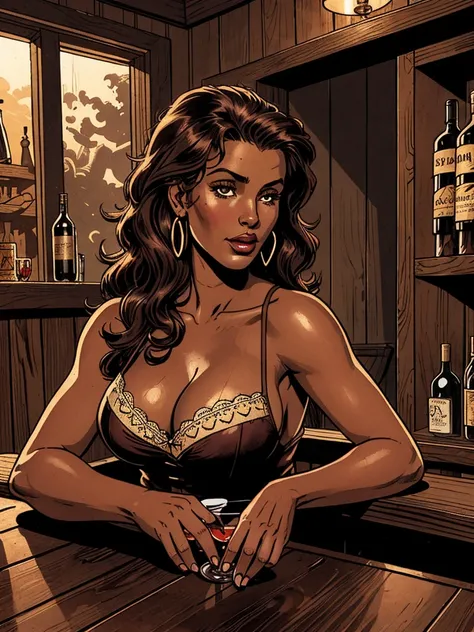 A photo of a busty bartender, vintage clothing, cleavage++, warm cozy wooden bar, bottles, wine, cigar smoke fills the room, (detailed skin complexion:1.2), best quality, deep color, complex shading effect, natural lighting effect, ambient occlusion, high ...