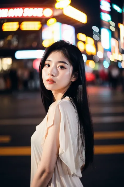 (Cinematic Aesthetic:1.4) Photo of a beautiful korean fashion model bokeh city night. long black hair. Sexy. Cute. 