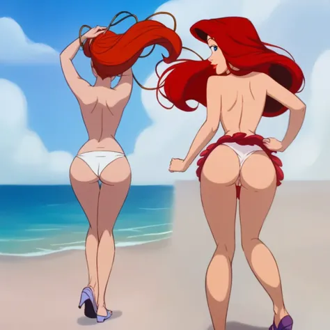 ar_el, 1girl, fair skin, red lips, red hair, large aqua-blue eyes (rating nsfw), 1girl solo, outdoors, beachfront, looking at viewer, rear view, topless, standing, wiggling her bottom,  full view, legs, purple heels,  white panties, hula dance, big butt, t...