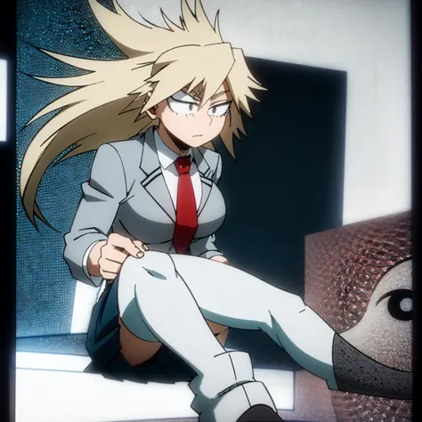 1girl, female focus, solo, big breasts, long hair, spiky hair, blonde hair, blue eyes, gray jacket, red tie, white shirt, teal skirt, gray tights, boots,  beautiful