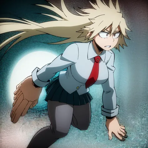 1girl, female focus, solo, big breasts, long hair, spiky hair, blonde hair, blue eyes, gray jacket, red tie, white shirt, teal skirt, gray tights, boots,  beautiful