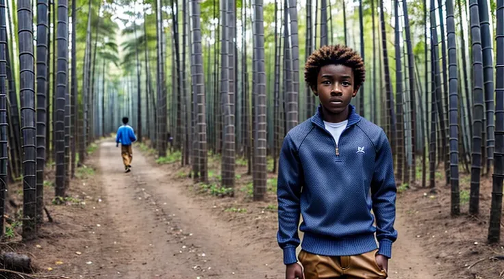 image of a black male teenager, 12 years old - wears a cotton knit shirt - dark gray long-sleeved sweatshirt - no print - short curly hair - wears long pants - wears leather sandals - runs with his back to the camera - alone in the forest - a Blue morpho b...