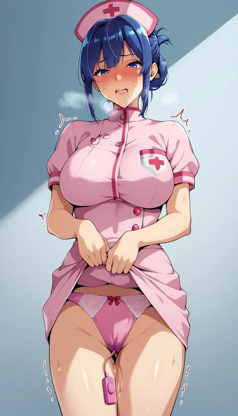 (masterpiece, best quality, ultra-detailed, high resolution), takeda hiromitsu style, 1 woman(30 years old), (pink nurse uniform), blue hair up, solo, large breasts, curvy body, looking at viewer, cowboy shot, embarrassed, skirt lift, showing panty, vibrat...