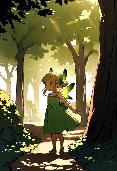 A girl fairy, watching children play in a park