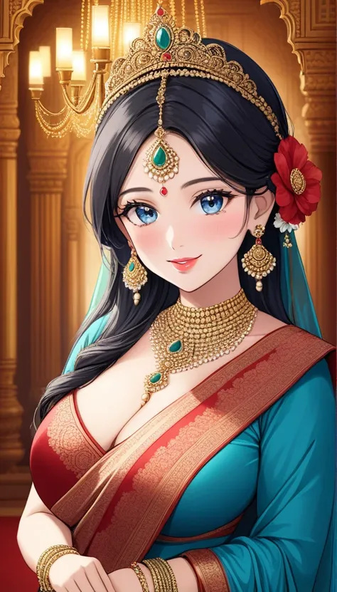 hot sexy beautiful princess,   long sparkling heavy diva jhumka earrings,big breasts, ,black hair ,blush,blue eyes, smiling,red ...