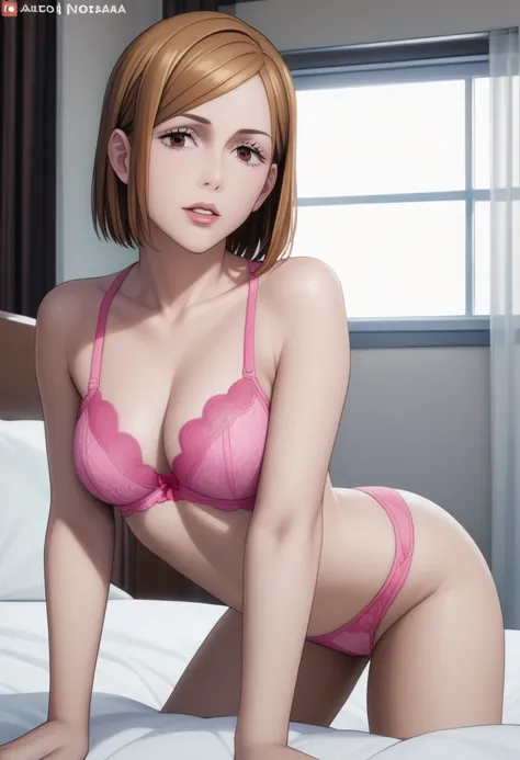 score_9_up, score_8_up, score_7_up, 1girl, solo, mature female, Nobara Kugisaki, brown bob hair, brown eyes, pink lips, parted lips, fit slim body, perfect medium erected breast, (((pink lingerie))),  bedroom, looking at the viewer, perfect model body, (((...