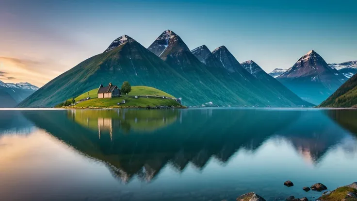 A serene Viking landscape with rolling green hills, a calm fjord, and a majestic mountain in the background. The sky is painted with the soft colors of dawn, reflecting on the still waters of the fjord. A lone Viking longship is anchored near the shore.