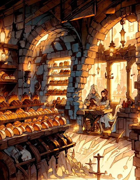 there is a bakery with lots of breads and pastries on display, fantasy bakery interior setting, bakery, fantasy bakery, cozy cafe background, cute bakery shop, fresh bakeries in the background, by Arthur Pan, dramatic lighting. concept art, background art,...