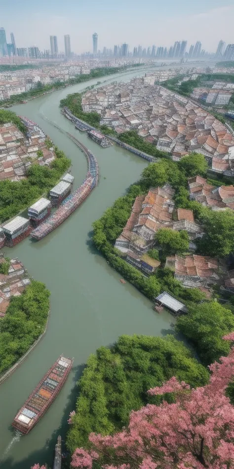 Along the River During the Qingming Festival，horizontal layout, high resolution, best quality, ultra-detailed, dynamic angle, floating, bustling cityscape, intricate details, historical architecture, flowing river, vivid colors, volumetric lighting, crowde...