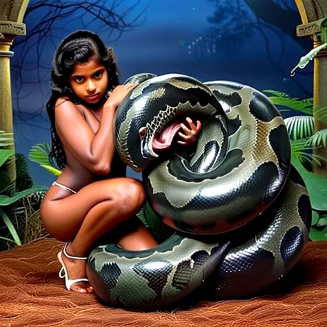  Happy Horny, aroused 1girl), beautiful kneeling Indian young teen girl  with  giant colossal black titanboa monster  squeezing her hard, wrapped in thick spiraling coils, constricted, struggle, gasping for air, snake attack, snake peril, moonless night, d...