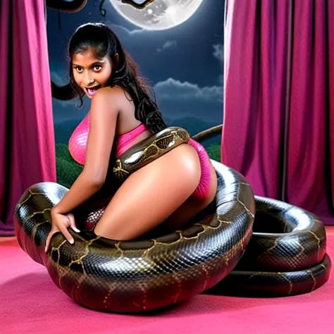 Pink thong  Happy Horny, aroused 1girl), beautiful kneeling Indian young teen girl  with  giant colossal black titanboa monster  squeezing her hard, wrapped in thick spiraling coils, constricted, struggle, gasping for air, snake attack, snake peril, moonle...