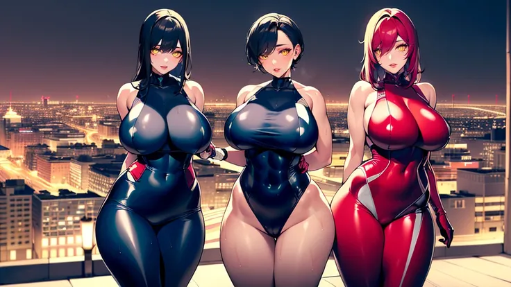 (3 girls),(Taimanin style:1.0),Female ninjas standing side by side,wearing a brightly colored bodysuit,(front:1.2),(whole body:1.5),(Big eyes),(beautiful eyes),(beautiful face),(detailed face),(smile),(muscular),(sensual),(thick thighs),(Body moistened wit...