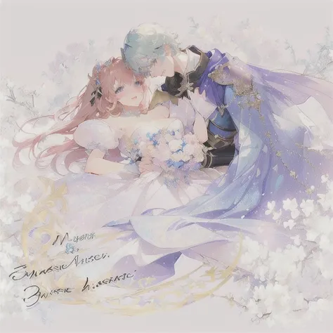 ((masterpiece))),(((Highest quality))),((Super detailed)),(Very delicate beauty: 1.2),Anime image of a man and woman in dresses hugging each other, Girl Romance, Knight and Princess, Blue cloaked knight, Very detailed fan art, Beautiful fantasy anime, In t...