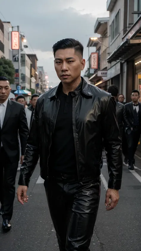 A handsome Asian mafia boss is walking coolly with a gang of mafia, wearing a shiny black leather jacket, Undercut hair is combed neatly, night road background, real photo, professional photo, clear photo, realistic photo, full HD, 4k 