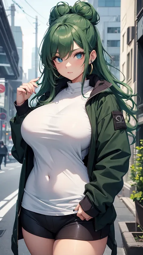 Young female, curvy body, DDD size breasts, dark green hair in two buns, light blue eyes, beautiful, vertical labret piercing, wearing simple style clothes. 