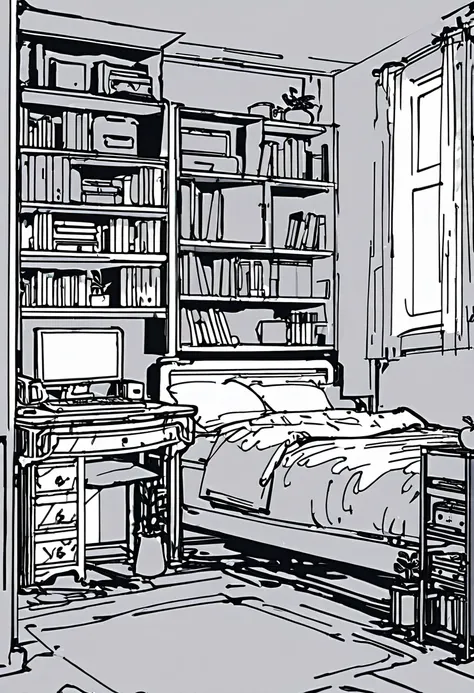 (Thick painting style),Thick line drawing, ((masterpiece,)),(((Highest quality))),(sketch),((background only)),((room)), mac-book,bed,vase, desk,Bookshelf,vase,machine,Chair