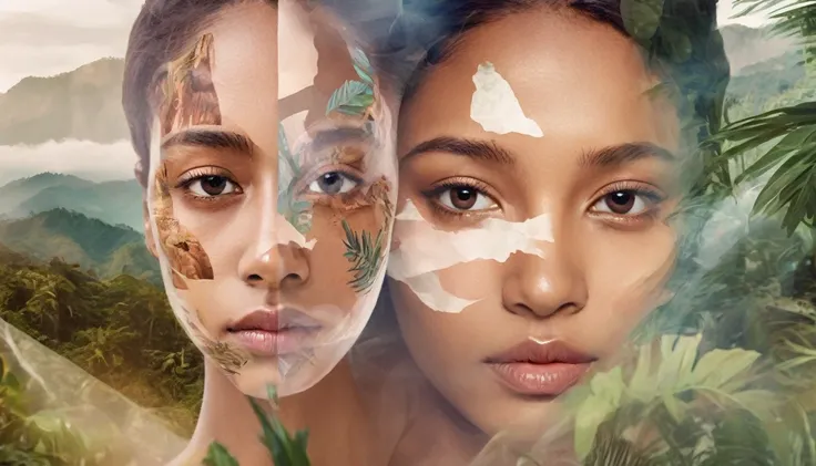 Dubrec style，Brown skin woman transparent face close-up，Jungle mountains image foreground，（multiple exposure：1.8），Complex illustrations in surrealist art style，Surreal dreams