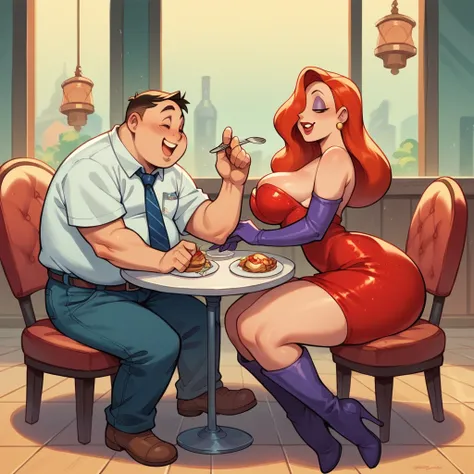 Jessica Rabbit is having breakfast with a fat young man. She wears a red dress and long boots, she has big tits and a big ass, he wears a shirt and tie, there is a delicious breakfast on the table, they are happy, small restaurant, night