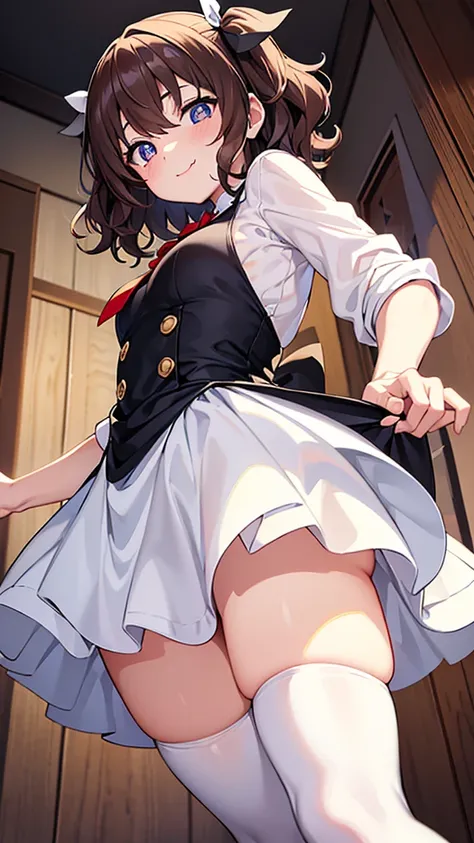 masterpiece, best quality, extremely detailed, anime, girl, ((short hair,)) ((two side up,)) (((wavy hair,))) hair between eyes, ((dark brown hair,)) blue eyes, (((slant eyes,))) (((tsurime,))) (((white pupil,))) pale skin, (tiny,) rotund, small breasts, w...