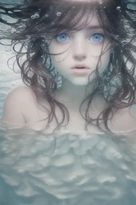 masterpiece, photo realistic, face portrait of 1girl, swimming underwater, white top, bare shoulders, beautiful girl face, natural detailed hair movement underwater, air bubbles, vibrant, realistic, dramatic, sharp focus, 8k